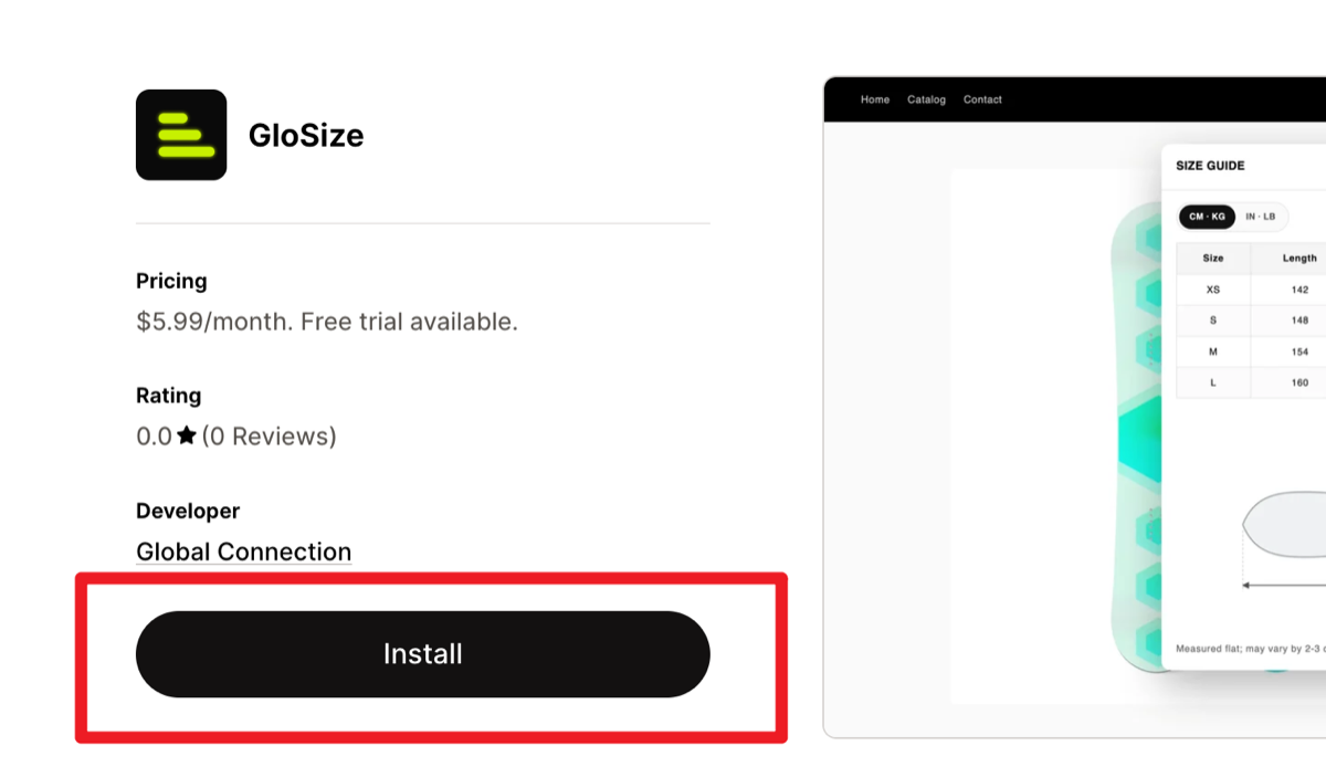 앱스토어 GloSize 페이지의 Install 버튼
