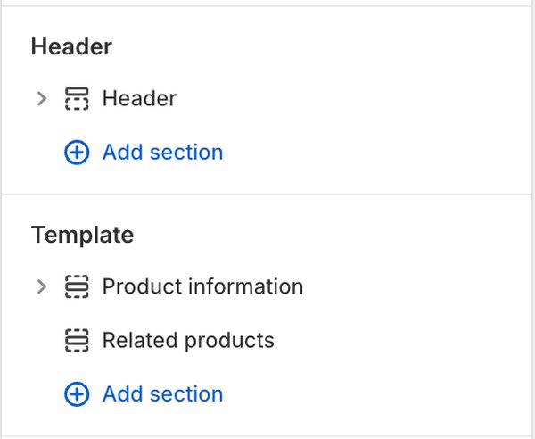 섹션 목록의 Template 안에 있는 Product information